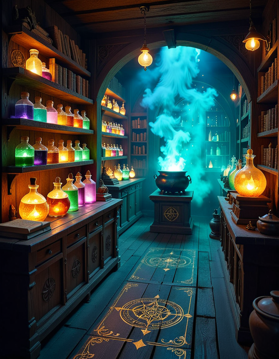 A dimly lit, mysterious alchemy shop filled with ancient books, glowing potions, and strange magical artifacts. Wooden shelves, covered in dust and cobwebs, are packed with glass bottles containing bubbling liquids in deep purples, shimmering golds, and eerie greens. The air is thick with swirling mist, and candlelight flickers, casting long shadows across the stone walls. In the foreground, an old wooden counter holds an open grimoire, alongside mortar and pestles, dried herbs, and mysterious symbols carved into the surface. Strange objects like a levitating crystal orb, a preserved dragonâs eye in a jar, and an enchanted dagger with glowing runes are displayed throughout the space. A bubbling cauldron in the corner emits a soft, eerie glow, illuminating the intricate arcane symbols on the floor. The atmosphere is dark, mystical, and full of ancient secrets, evoking a sense of forgotten magic and hidden knowledge.
<lora:SDXLFaeTastic2400:0.4> <lora:extremely_detailed:0.4> extremely detailed,<lora:mysterious_4lch3my_sh0p:1>,mysterious 4lch3my sh0p, Masterpiece,best quality,hi res,8k,hi res,8k,award winning,(sharp focus, intricate, highly detailed),