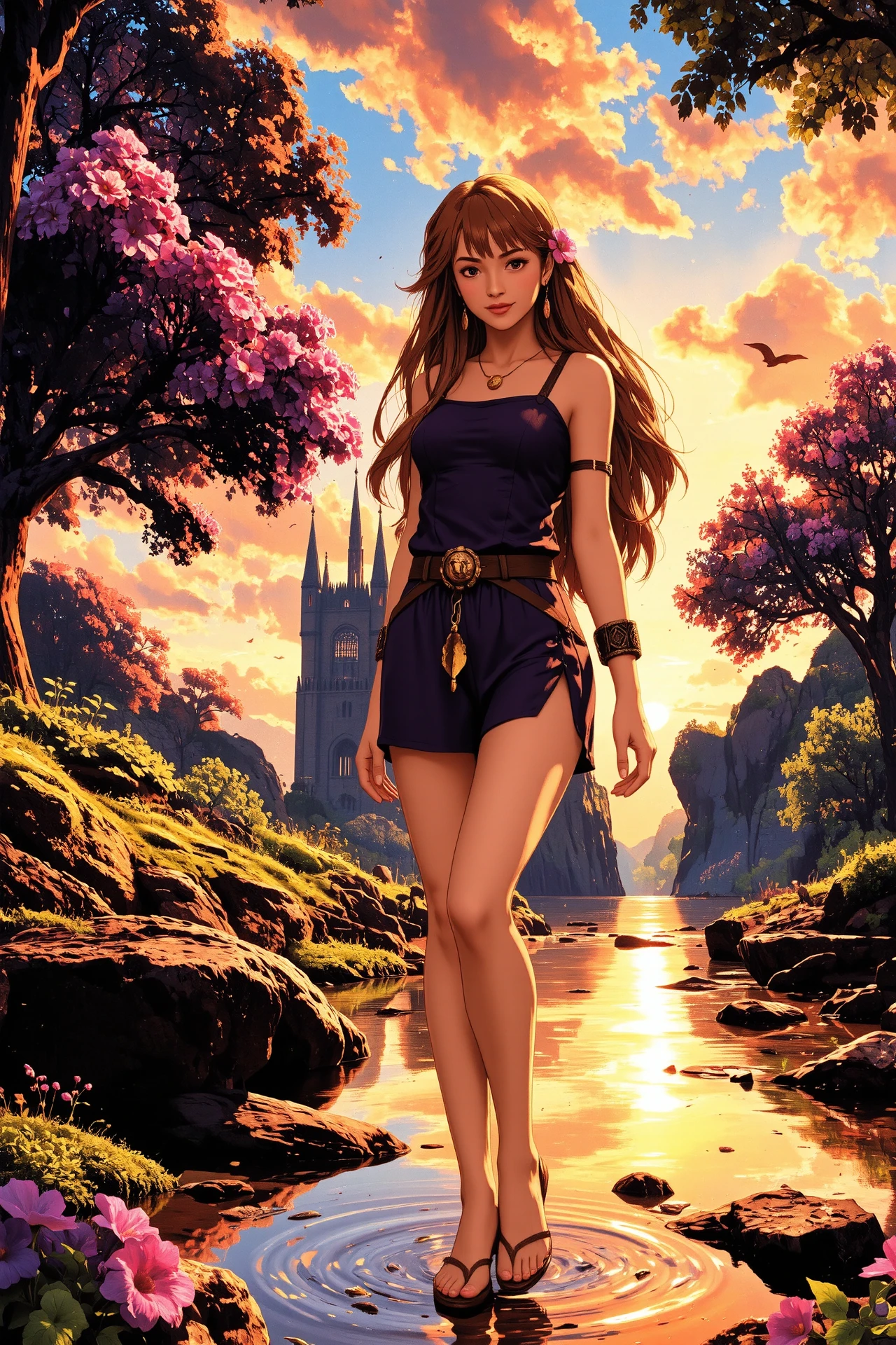 layered hair chestnut hair young woman, druid, anime, illustration, extremely detailed, portrait, standing, happy smile, flower in hair, glossy lipstick, celtic necklace, boho earrings, loincloth, sandals,  Classic Purple druid short dress, legs, sharp focus, fantasy, golden hour, celtic landscape, small rock, moss, ripples, reflections, celtic  castle, small river pond, druid forest, druid village, stunning nature environment, enchanted land, clovers, Bright Neon Purple flowers, best quality, colorful, wet floor, bright sky, raytracing, hdr, high contrast, ethereal natural lights, backlight, lens flare, shadows, vibrant colors, colorful, pretty, beautiful, happy, smiling, feminine, sexy, lovely, in love, adorable, fashion,  <lora:Hand v2:1> <lora:Anti-Blur:1><lora:Insane Detail Slider:0.5>  <lora:flux.1_lora_flyway_Epic-detail_v2:0.3><lora:fluxenhancer:0.5> <lora:RetroAnimeFluxV1:0.4> <lora:Luminous_Shadowscape:0.4>