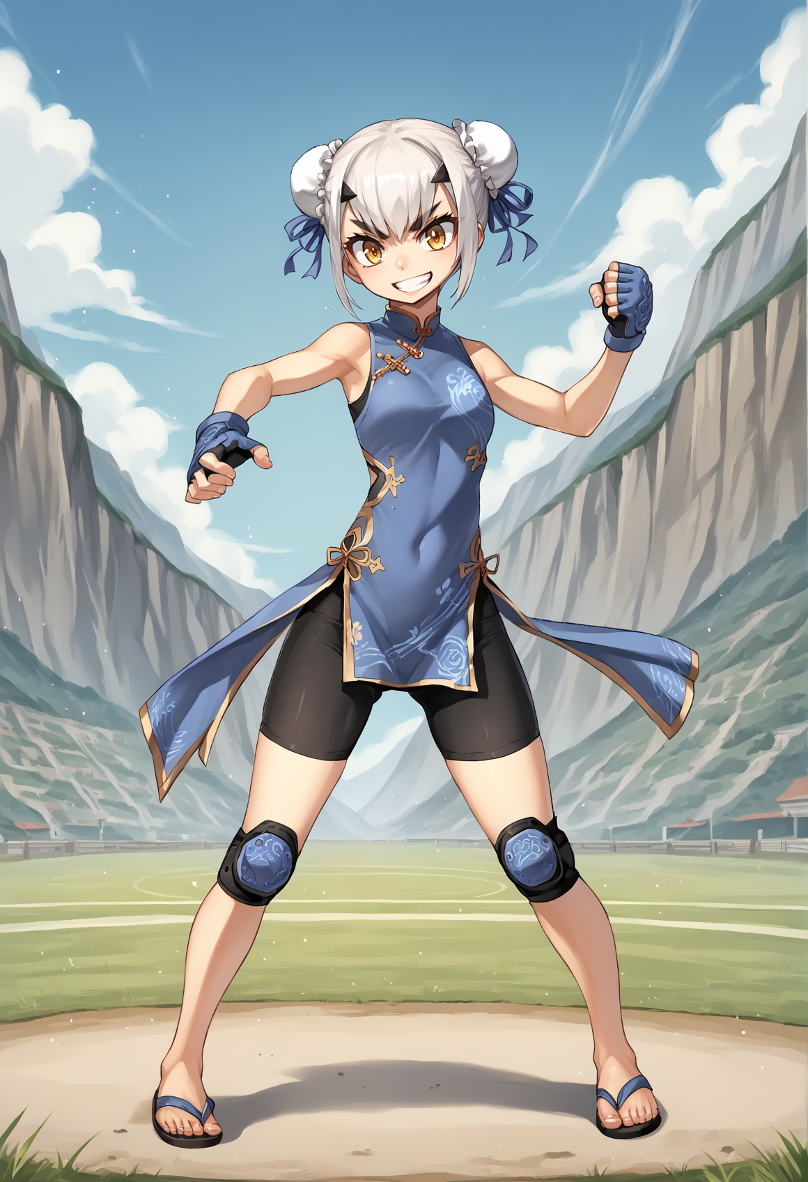 1girl, forked eyebrows, white hair,  short hair, sidelocks, yellow eyes, v-shaped eyebrows, double bun, bun cover, chinese clothes, sleeveless, bike shorts, pelvic curtain, bare arms, fingerless gloves, sandals, knee pads, elbow pads, tonfa, fighting stance, smile, outdoors, valley, full body, cowboy shot <lora:Melusine_Fate_Grand_Order_XL_v2:0.8> <lora:mashima_hiro xl:1>, score_9, score_8_up, score_7_up, score_6_up, score_5_up, score_4_up, BREAK source_anime, masterpiece