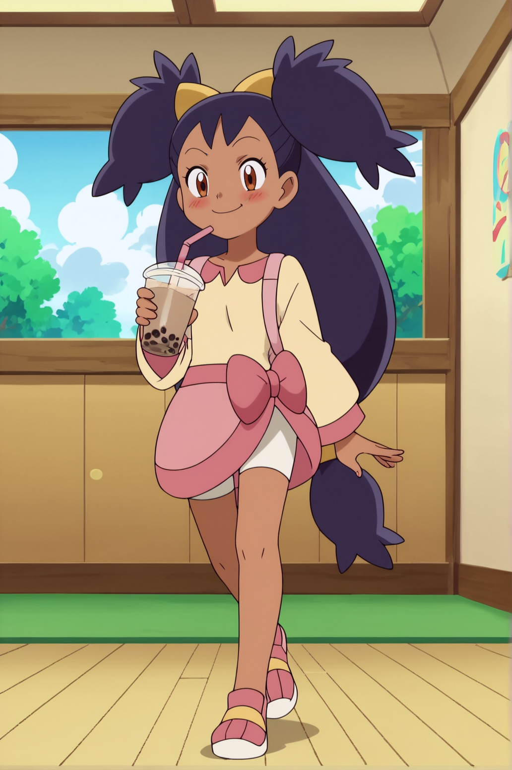 score_9, score_8_up, score_7_up,anime_source, source_anime, best background, detailed background, anime screencap,  Iris, Main outfit, indoors, blush, smug, dynamic angle, dynamic pose, full body, drinking, bubble tea, walking, <lora:JN_Iris:0.8>