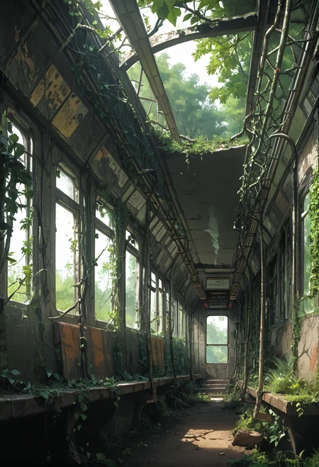 ,ruanyi0777,moss,vines,overgrown,tree,ruins,broken window,outdoors,train station,<lora:0777 no one world_v1_pony:1>, score_9,score_8_up,score_7_up,,8k,1girl,solo,