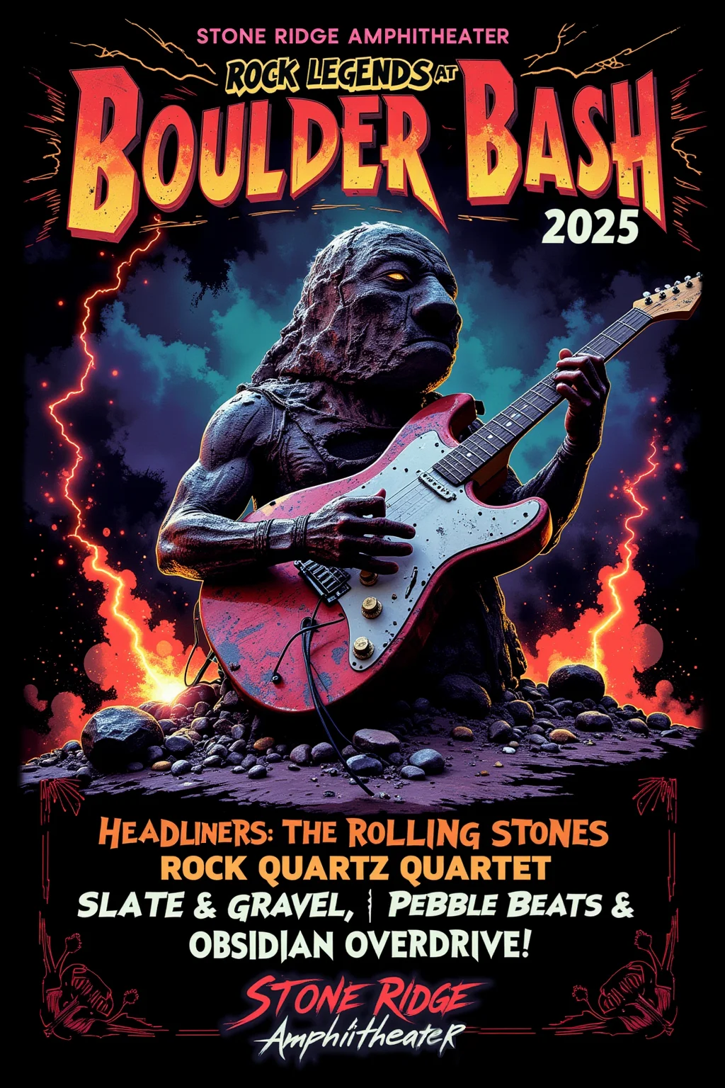 "Rock Legends at Boulder Bash 2025!". A colorful poster featuring a granite boulder shredding on an electric guitar, with pebbles as a cheering crowd. The lineup reads: "Headliners: The Rolling Stones, Rock Quartz Quartet, Slate & Gravel, Pebble Beats, and Obsidian Overdrive!" The location: "Stone Ridge Amphitheater, Earthâs Core Arena." Neon lightning bolts and exploding fireworks frame the scene, promising an epic rock ânâ stone experience., <lora:Luminous_Shadowscape-000016:0.4><lora:black_fantasy_1.0:0.4><lora:Glitchcore_Flux:0.4><lora:- Flux1 - vanta_black_V2.0:0.4>