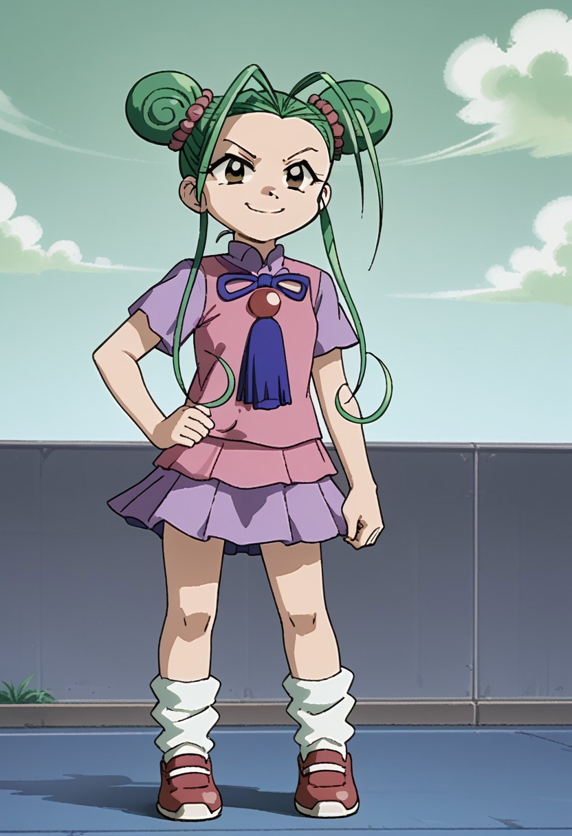 1girl,solo,double bun,green hair,brown eyes,shirt,shoes,antenna hair,white socks,skirt,smirk,standing,portrait