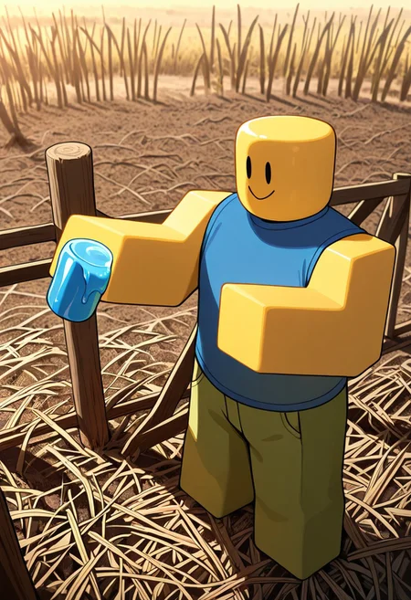 masterpiece, best quality, amazing quality, very aesthetic, absurdres, newest,
outdoors, holding slushie, straw, 
noob, solo, smile, colored skin, yellow skin, 1boy, yellow block arms, green block legs, round head, , closed mouth, blue shirt, green pants, solid oval eyes, sleeveless,
