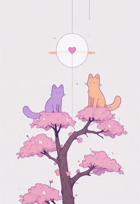 masterpiece, best quality, absurdres, cats sitting on a tree branch, facing each other in an intimate and harmonious pose. The left cat is black, while the right cat is white, creating a striking contrast. They are surrounded by delicate, blooming branches with small flowers, adding a serene and romantic atmosphere. The background is softly blurred, focusing the viewer's attention on the cats and their interaction. The lighting is soft, emphasizing the texture of their fur and the gentle ambiance of the scene. pink heart in front of them, white sphere in the background, h4ra_illu, momosp