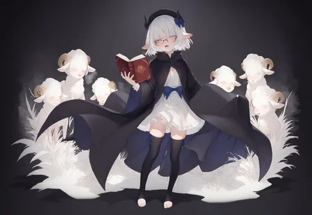 safe_pos, score_9, score_7_up,detailed face, (LOLIt*), lineart, (kedama style), shiny skin, breath, ear blush,
(((depth_of_field))), (black background, forest),
detailed line, (eye focus), looking at viewer, ((laser magic)), standing,
BREAK

(((sheep ears))), see-through black cloak, ((pink lips)),

((pigeon-toed)), (toeless_legwear thighhighs),
(lace-trimmed gloves), looking at viewer, black clothes, beret, glasses, (white eyelashes),
(half-closed eyes), blue eyes with reflection, ear blush, ((shaded face, hugging book)), slit pupils, crystal,  
small breasts, cleavage, lips, fangs, (furrowed brow), mesugaki,
white hair, messy hair, [medium hair], [black curled horns], (bare shoulders),