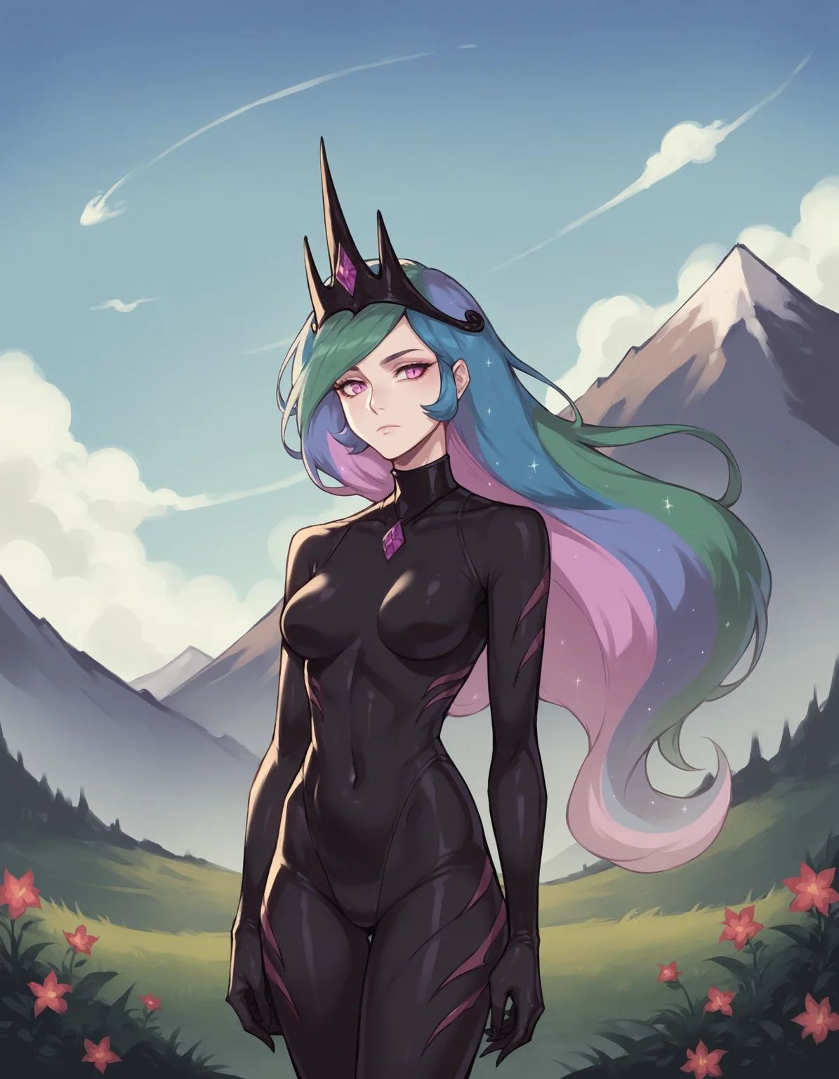 score_9, score_8_up, score_7_up, score_6_up, score_5_up, score_4_up, corrupted celestia, human, (black crown:1.2), black (b34n bodysuit:1.2), expressionless BREAK outdoors, mountain, day, sky, flower, mountainous horizon, blue sky, grass <lora:Smooth Anime Style LoRA XL:1> <lora:b34n-animaginexl-1-000009:1.1>