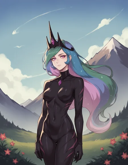score_9, score_8_up, score_7_up, score_6_up, score_5_up, score_4_up, corrupted celestia, human, (black crown:1.2), black (b34n bodysuit:1.2), expressionless BREAK outdoors, mountain, day, sky, flower, mountainous horizon, blue sky, grass <lora:Smooth Anime Style LoRA XL:1> <lora:b34n-animaginexl-1-000009:1.1>