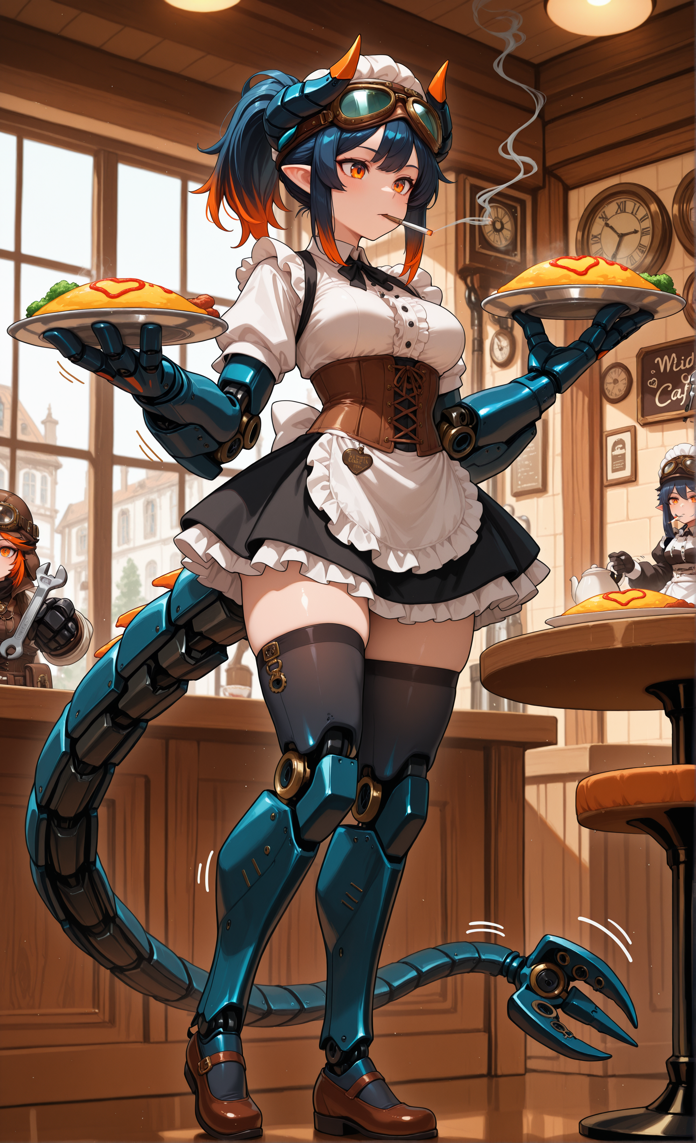 masterpiece, sharp detail, intricate detail, 1girl, <lora:illustrious_mechabare_v1:1> dark blue hair, orange tips, vivid orange eyes, ponytail, demon horns, pointy ears, motion lines, joints, mechanical arms, fewer digits, mechanical tail, doll hands, oversized hands, birdlike legs, mechanical legs, oversized legs, oversized limbs, holding omurice plate, indoors, maid cafe, smoking, tables, chairs, holding HUGE wrench, steampunk, corset, thighhighs, aviator goggles, aviator cap, maid, maid apron, frills, mary janes,  <lora:NOOB_vp1_detailer_by_volnovik_v1:0.7> <lora:illustriousXL_stabilizer_v1.23:0.8>,,