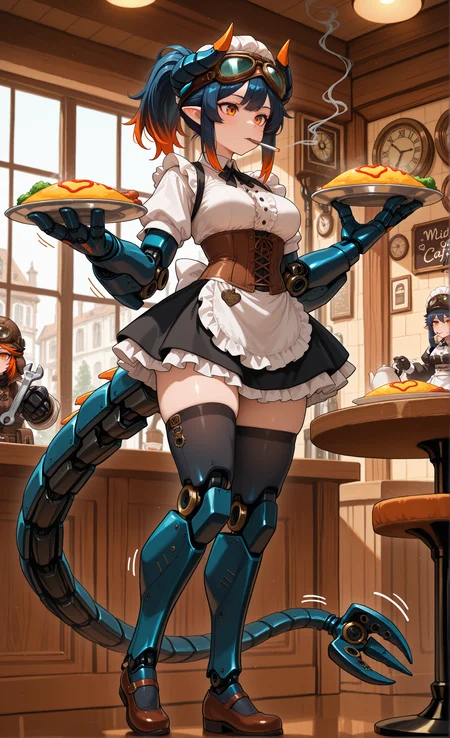 masterpiece, sharp detail, intricate detail, 1girl, <lora:illustrious_mechabare_v1:1> dark blue hair, orange tips, vivid orange eyes, ponytail, demon horns, pointy ears, motion lines, joints, mechanical arms, fewer digits, mechanical tail, doll hands, oversized hands, birdlike legs, mechanical legs, oversized legs, oversized limbs, holding omurice plate, indoors, maid cafe, smoking, tables, chairs, holding HUGE wrench, steampunk, corset, thighhighs, aviator goggles, aviator cap, maid, maid apron, frills, mary janes, <lora:NOOB_vp1_detailer_by_volnovik_v1:0.7> <lora:illustriousXL_stabilizer_v1.23:0.8>,,