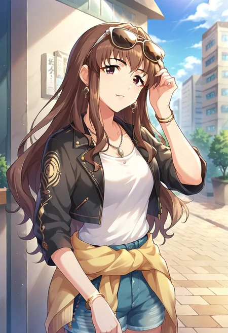 score_9, score_8_up, score_7_up, source_anime,hattori touko, long hair, brown hair, brown eyes, 1girl, jewelry, earrings, bracelet, shorts, sunglasses, necklace, eyewear on head, solo, jacket, clothes around waist, shirt,outdoors