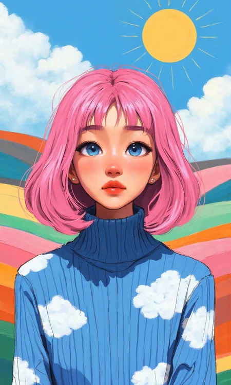 Medium shot digital artwork with a vibrant and illustrative style depicts a young woman centered in the image, her body is positioned facing directly forward and her head is also facing directly forward, her body pose is upright and symmetrical with her arms positioned at her sides, her face is in a full front view, looking directly at the viewer with wide open blue eyes and a neutral expression, her hands are not visible, the image is made of smooth, bold lines and flat, vibrant colors with soft shadows to add depth, the woman's pink hair is styled in a voluminous bob that frames her face, the hair is thick and wavy, particularly around her cheeks and jawline, creating a soft and rounded silhouette, her face shows stylized features with large, round blue eyes, a small and subtle nose, and a gentle closed mouth with a hint of pink lipstick, her eyes are large and round with bright blue irises, dark pupils, and prominent white highlights, her hairstyle is a short, voluminous pink bob with rounded ends and straight bangs that reach her eyebrows, her hair color is a vibrant, solid pink, she is wearing a blue sweater with white cloud patterns, the sweater has a high, ribbed, dark blue turtleneck collar and long sleeves, the body of the sweater is light blue with horizontal white stripes and puffy white clouds scattered across it, no accessories are visible, the background is a colorful skyscape, the upper part is a bright blue sky with puffy white clouds, the middle ground shows rolling hills in pastel shades of pink, orange, green, and blue, and the top most sky area is a gradient of dark blue to light blue, with a stylized yellow sun with radiating lines positioned at the upper right corner, bright and even lighting illuminates the scene, casting soft shadows that add dimension to the woman and the background, enhancing the overall cheerful and whimsical nature of the artwork., <lora:FLUX-daubrez-DB4RZ-v2:0.35> DB4RZ, DB4RZ style painting
<lora:aidmaMJ6.1_v0.5_3:0.35> aidmamj6.1, aidmamj6
<lora:samdoesarts:0.7>