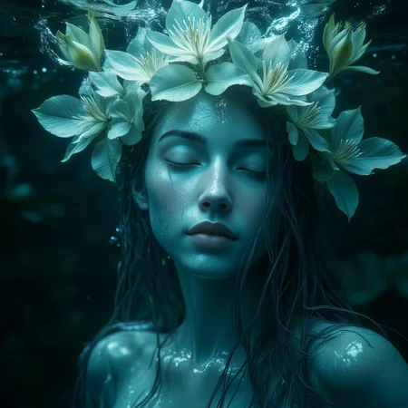 professional 3d model cinematic still <lora:7e1c0c7b-1847-4a61-bdc9-3dd99001f62f.TA_trained:0.8> <lora:s:0.8> This is a highly detailed, CGI-rendered digital artwork depicting a serene, ethereal female figure submerged in water. The woman has long, wet, dark hair cascading around her face and shoulders. Her skin is a pale, almost translucent blue, with a soft, glossy texture, and her eyes are closed, suggesting a state of tranquility or meditation. Her face is adorned with a delicate crown of white lily flowers, adding a touch of natural beauty to the underwater scene. The water around her is clear, allowing for the viewer to see the texture of her skin and the delicate petals of the flowers. The background is dark and blurred, focusing attention on the central figure and her surroundings. The water ripples gently, creating a sense of movement and fluidity. The overall color palette is dominated by cool blues and greens, which enhance the underwater theme and give the image a dreamlike quality. The artist's attention to detail is evident in the realistic textures of the water, hair, and skin, as well as the lifelike portrayal of the flowers. This piece combines elements of fantasy and realism, creating a captivating and immersive visual experience. . emotional, harmonious, vignette, highly detailed, high budget, bokeh, cinemascope, moody, epic, gorgeous, film grain, grainy . octane render, highly detailed, volumetric, dramatic lighting