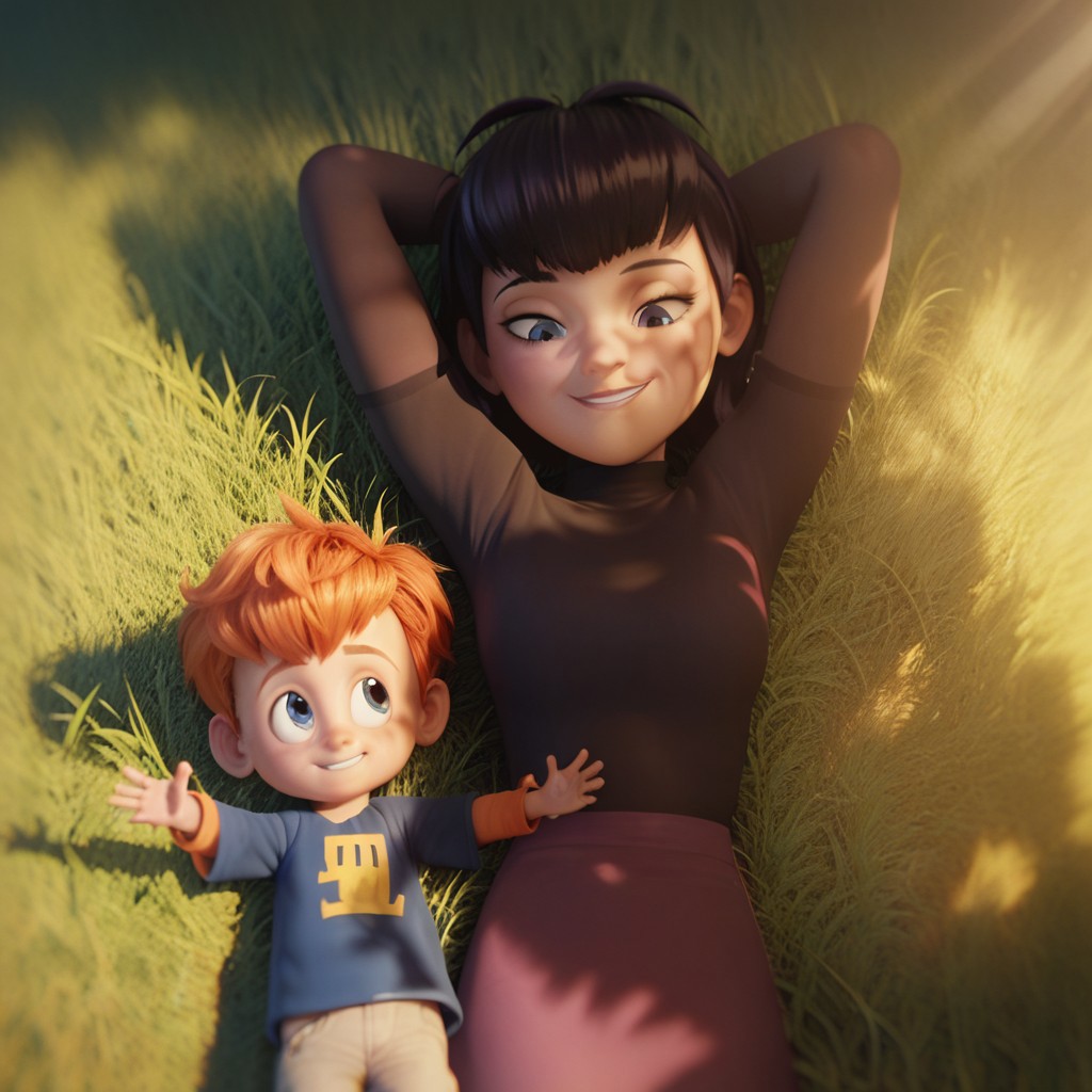 score_9, score_8, score_7, break, mav_den, (1girl, mavis), (1boy, dennis), age difference, size difference, grass, tree, sunlight, shadows, natural lighting, smile, on back, hands behind head