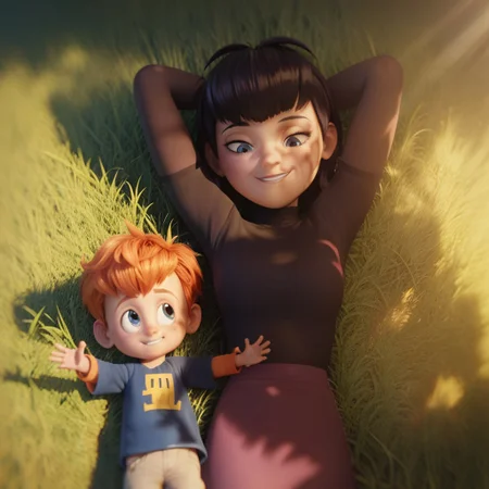 score_9, score_8, score_7, break, mav_den, (1girl, mavis), (1boy, dennis), age difference, size difference, grass, tree, sunlight, shadows, natural lighting, smile, on back, hands behind head