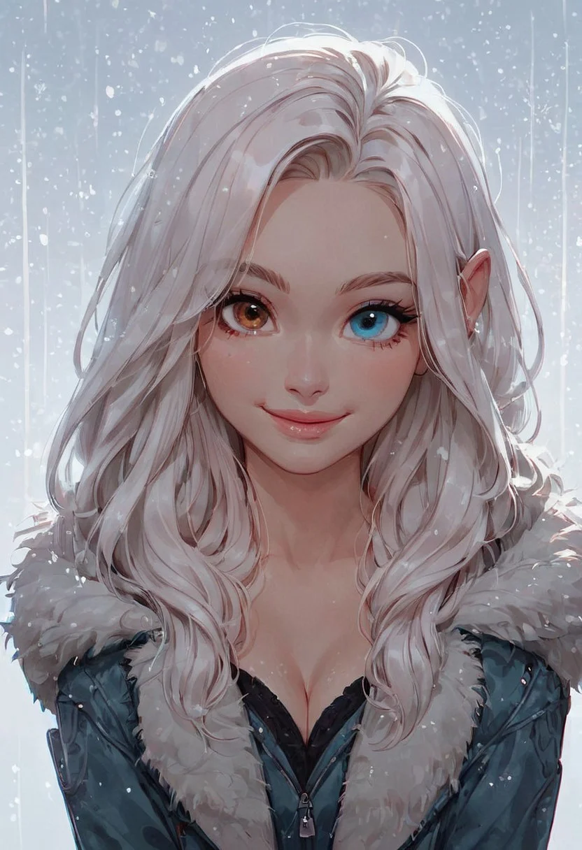 score_9, score_8_up, score_7_up, score_6_up,  1girl, gorgeous girl, pretty, cute face, beautiful eyes, heterochromia, different eye colours, one blue eye, one brown eye, white hair, (((long hair))) , cleavage, (slim fit), pose, (perfect lighting) , halfbody portrait, looking at viewer, ((smile)), smiling, ((happy)), cute, cute face, detailed eyes, beautiful eyes, pretty dress, detailed pattern,
fur lined hoodie, coat, jacket, winter, snowy background, snow, cold, (((human ears))),
husky, dog, wolf, husky dog, girl next to dog, girl with dog, husky with heterochromia, husky dog pet,
