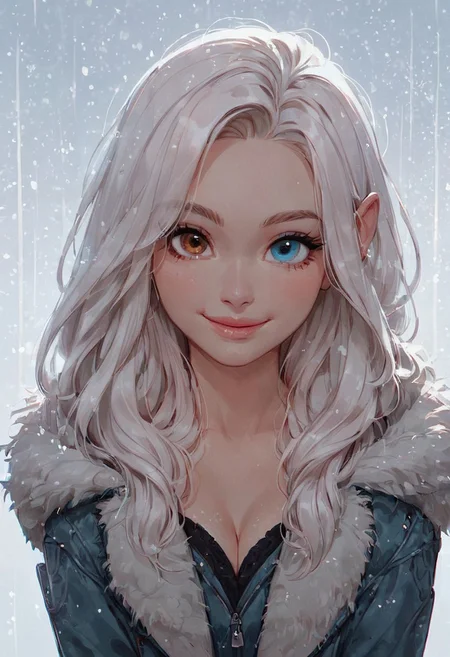 score_9, score_8_up, score_7_up, score_6_up, 1girl, gorgeous girl, pretty, cute face, beautiful eyes, heterochromia, different eye colours, one blue eye, one brown eye, white hair, (((long hair))) , cleavage, (slim fit), pose, (perfect lighting) , halfbody portrait, looking at viewer, ((smile)), smiling, ((happy)), cute, cute face, detailed eyes, beautiful eyes, pretty dress, detailed pattern,
fur lined hoodie, coat, jacket, winter, snowy background, snow, cold, (((human ears))),
husky, dog, wolf, husky dog, girl next to dog, girl with dog, husky with heterochromia, husky dog pet,
