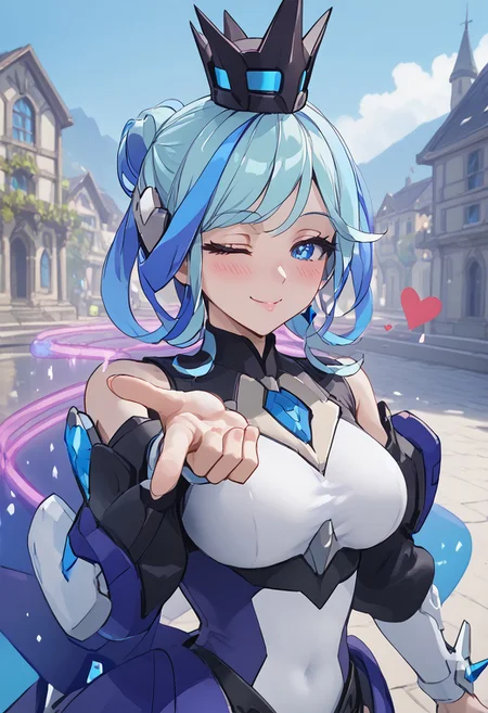 score_4,score_5,score_6,score_7_up,score_8_up,score_9 ((masterpiece,best quality,ultra detailed,highres,HD,4k:1.2)),
1girl, solo,solo focus,girl focus,face focus,
blue hair,two-tone hair,multicolored hair,streaked hair,single hair bun,crown,blue eyes,large breasts,
outdoor,
<lora:blowing-kiss-ponyxl-lora-nochekaiser:1>, blowing kiss, pucked lips, heart, one eye closed, o3o, looking at viewer, hand up,Pouting lips,pointing fingertips towards viewer, blush,shy,smile,Half-closed eyes, squinting, staring,jitome,