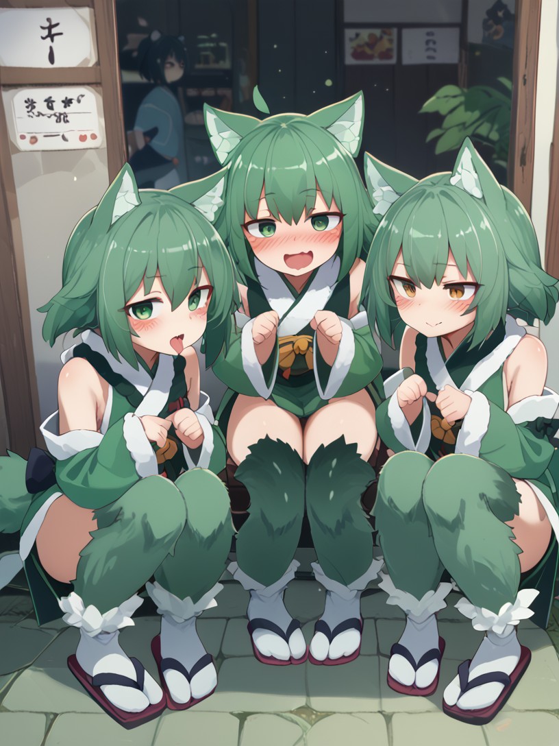 (expressive eyes), (Masterpiece), 3girls, triplets, 3 different personalities, (yonaga san artstyle), Kamaitachi, 1 shy cute girl blushing, 1 lewd crazy girl with tongue out, 1 tired disinterested girl rubbing own face, animal ears, animal legs, thighhigh fur, dark green hair, tabi foot, (score_9, score_8_up, score_7_up), <lora:V5.1_retrain:1.0>