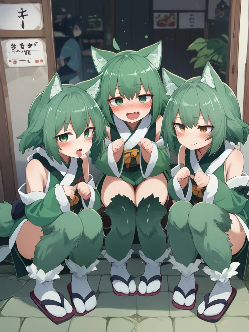 (expressive eyes), (Masterpiece), 3girls, triplets, 3 different personalities, (yonaga san artstyle), Kamaitachi, 1 shy cute girl blushing, 1 lewd crazy girl with tongue out, 1 tired disinterested girl rubbing own face, animal ears, animal legs, thighhigh fur, dark green hair, tabi foot, (score_9, score_8_up, score_7_up), <lora:V5.1_retrain:1.0>