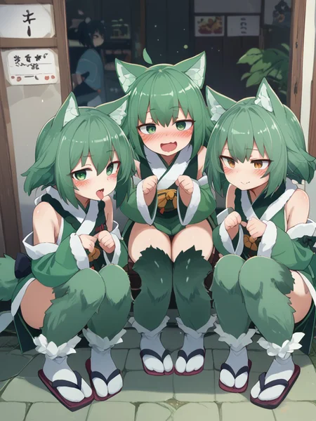(expressive eyes), (Masterpiece), 3girls, triplets, 3 different personalities, (yonaga san artstyle), Kamaitachi, 1 shy cute girl blushing, 1 lewd crazy girl with tongue out, 1 tired disinterested girl rubbing own face, animal ears, animal legs, thighhigh fur, dark green hair, tabi foot, (score_9, score_8_up, score_7_up), <lora:V5.1_retrain:1.0>