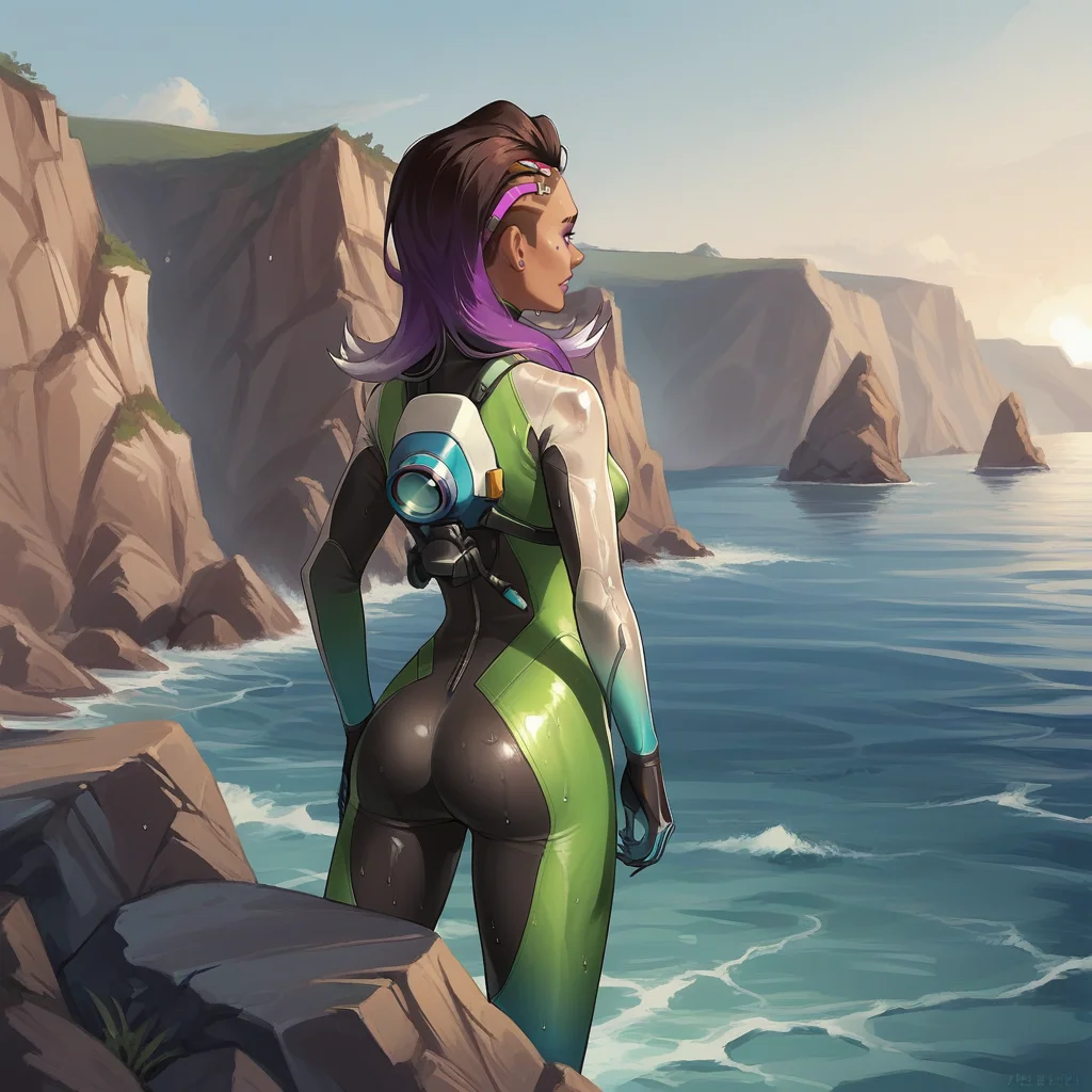 score_9, score_8_up, score_7_up, score_6_up, score_5_up, score_4_up, zPDXL2,source_anime,rating_questionable, <lora:Coast:0.7> co4st, outdoors, ocean, rock, cliff, 1girl, solo, wetsuit, bodysuit, wet hair, cowboy shot, sombra overwatch, snorkel, scuba