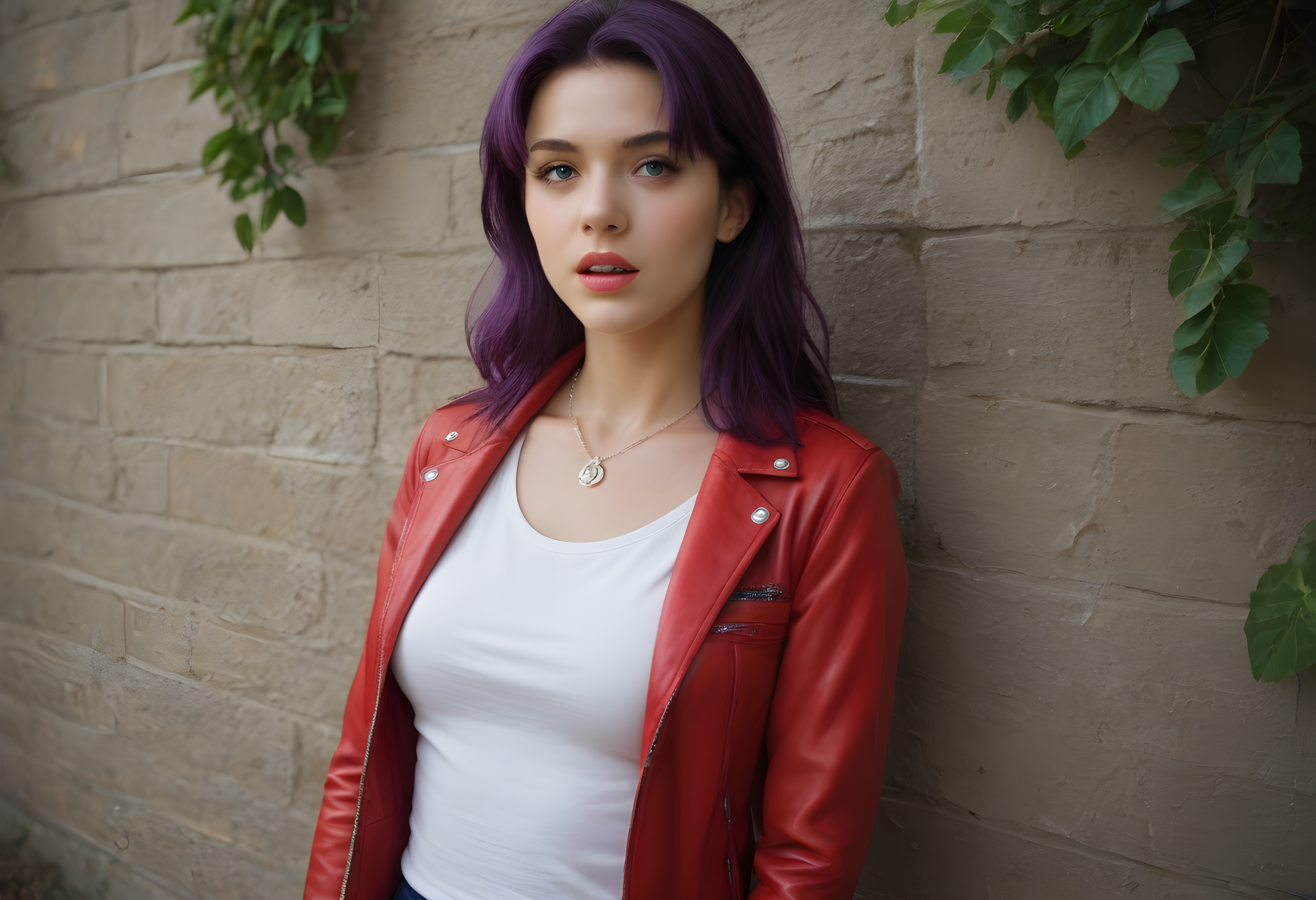 score_9, score_8_up, score_7_up, BREAK, The image shows a woman with purple hair wearing a red leather jacket, standing in front of a wall with a plant in the background. At the bottom of the image, there is text that reads "Nora Fawn Paid". realistic, katsuragi misato, 1girl, solo, long hair, breasts, looking at viewer, open mouth, jewelry, jacket, purple hair, necklace, grey eyes, dutch angle, red jacket, realistic,  photo, real hair, detailed skin, highly detailed, detailed skin, film grain, <lora:zy_AmateurStyle_v2:0.45>