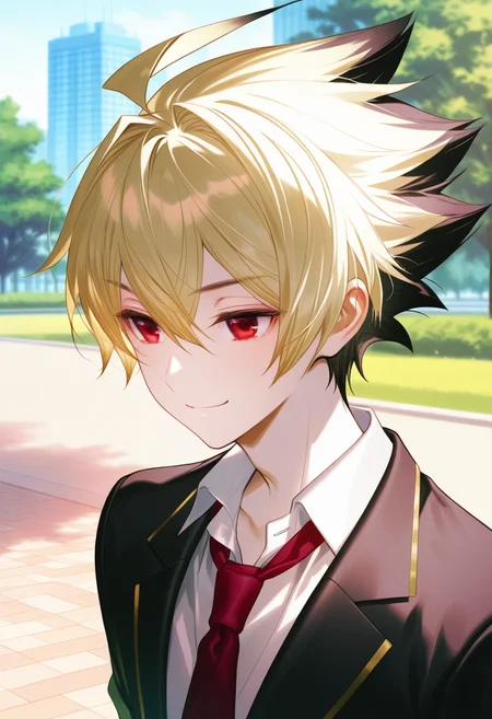 artist:gomzi,artist:wanke,artist:diyokama, rei_(sanbonzakura),[[artist:fuzichoco]],year 2023,
1boy, solo, kido hyde, red eyes, two-tone hair, blonde hair, black hair, spiked hair, short hair, ahoge, dyed bangs,
red shirt, white jacket, black suit, red necktie,
park, smile, upper body,
<lora:uni_maleplayables.ilxl:0.8>