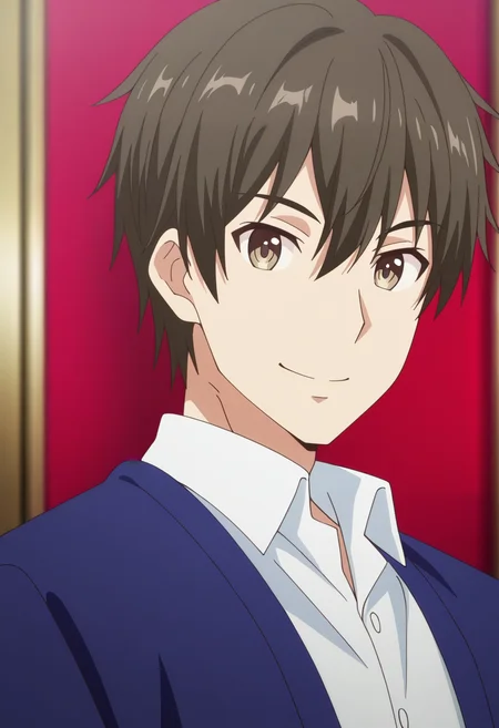 masterpiece, best quality, very aesthetic, high resolution, ultra-detailed, absurdres, depth of field,anime screencap , , , 1boy, solo, male focus,  <lora:kazuya_souma_r1:1> , kazuya souma, brown hair, brown eyes, short hair, collared shirt, jacket, looking at viewer , upper body ,smile