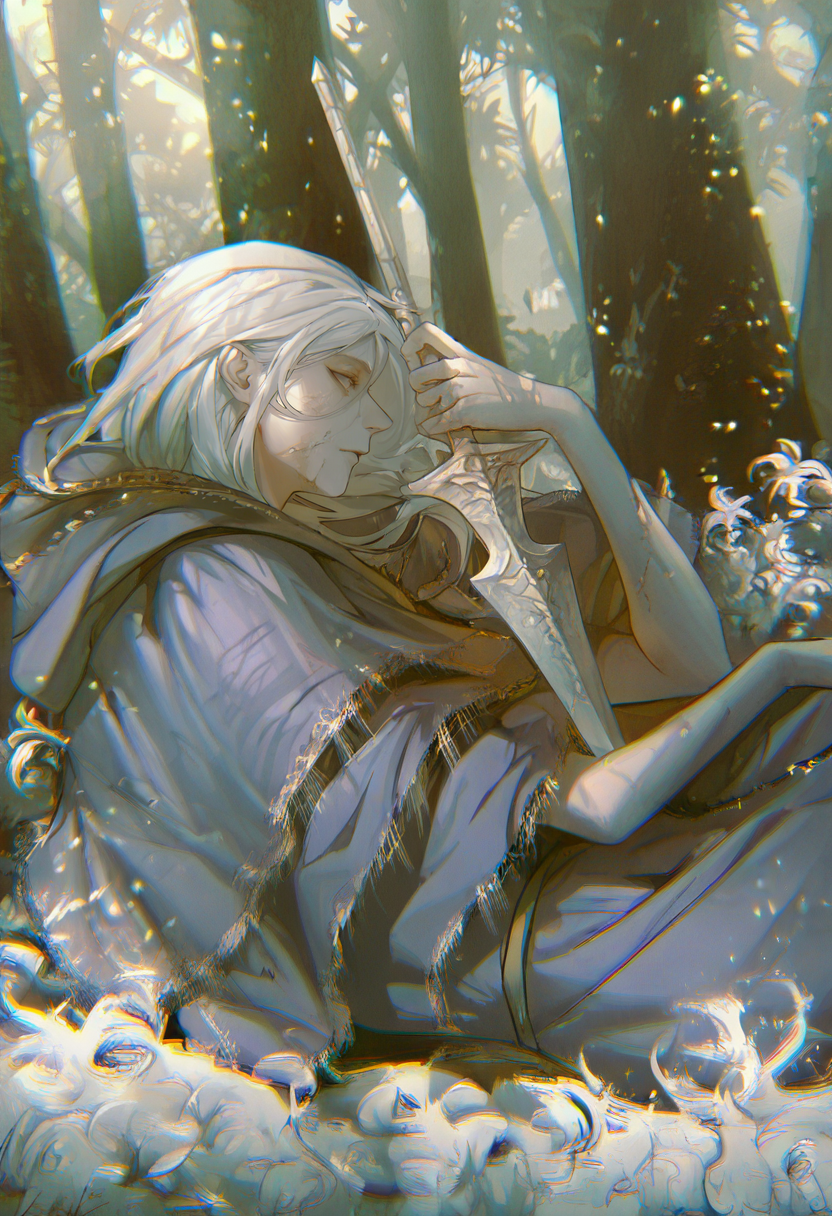 solo, hood, hood down, from side, male focus, holding, robe, white hair, profile, weapon, hooded capelet, outdoors, 1boy, flower, single braid, chromatic aberration, light particles, tree, hooded robe, lying, white flower, holding weapon <lora:cuso4XL_NBVP1_lokr_V6311PZ:0.95>