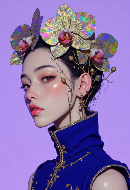 A high-resolution ArsMJStyle, colored pencil hyper-detailed realism featuring an Asian woman with an elegant, serene expression. She has smooth, fair skin and a delicate, petite build. Her dark hair is slicked back, emphasizing her refined features. A striking cobalt blue scarf is tied around her neck, its soft fabric adding a delicate contrast against the muted lavender background, creating a harmonious and ethereal effect. Her face is partially obscured by large, surreal orchids whose petals are made of reflective CD fragments, each shard catching light in iridescent hues of emerald green, magenta, and gold. The orchids emerge from thin, twisting stems that seem to grow from her forehead, enhancing the dreamlike, avant-garde aesthetic. Her almond-shaped eyes are slightly downcast, exuding a contemplative and mysterious aura. She wears a deep sapphire sleeveless top with a textured, ruffled edge, subtly visible at the bottom of the frame. The soft lavender background envelops the scene in a dreamlike glow, highlighting the interplay between her attire, the fragmented metallic florals, and her porcelain-like skin. The overall composition is a fusion of high fashion and surreal beauty, seamlessly blending nature with futuristic contemporary artistry. (By Donna Young)