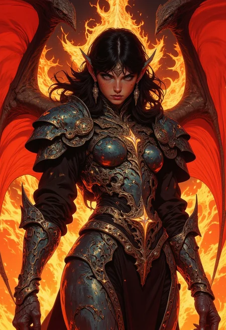 CAICO, Silhouette Art, breathtaking detailed, masterpiece, awe-inspiring, radiant, magnificent. stunning oriental female demon knight, small demon horns, long black hair, bangs, dark eyeshadow, red lips, wings of fire, direct eye contact, spiked black reflective armour, standing in front of fires of hell, High Detail, Perfect Composition, in shadow, high contrast, silhouetted, chiascuro