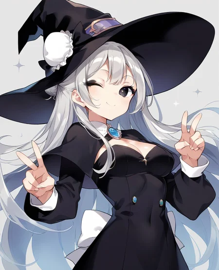 score_9, score_8_up, score_7_up, score_6_up, 1girl, solo, perfect hand, medium breasts ,((colorful:1.2)) ,tall ,witch hat ,very long hair ,silver_hair ,black_eyes ,hair_bun ,straight_hair ,white eyeliner ,dutch_angle ,winking ,v