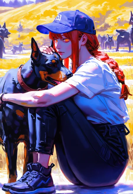 aestx, solipsist, brushstroke \(medium\), realistic, year 2024, year 2023, close-up, outdoors,
1girl, makima \(chainsaw man\), ringed eyes, baseball cap, high-waist pants, white shirt, short sleeves,
squatting, legs together, knees to chest, headpat,
multiple dogs, dobermann,
masterpiece, best quality, amazing quality, absurdres, newest, sfw,
<lora:10_AESTX:1>,