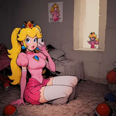 (score_9, score_8_up, score_7_up),illustration of 1 girl, 24 years old, super cute, sexy, pigtails hairstyle,,blonde hair color,, (princess peach outfit, clothed, sfw:1.3),
BREAK,
in a princess castle, inspired by mario bros, peach style,
<lora:Amateur_Nudes_Lascalae-000010:1>, SPnude_anime_lascalae, selfshot, sitted,, ((harsh flash)),
<lora:Jabstyle_AMXLV1:1>, jabstyle,