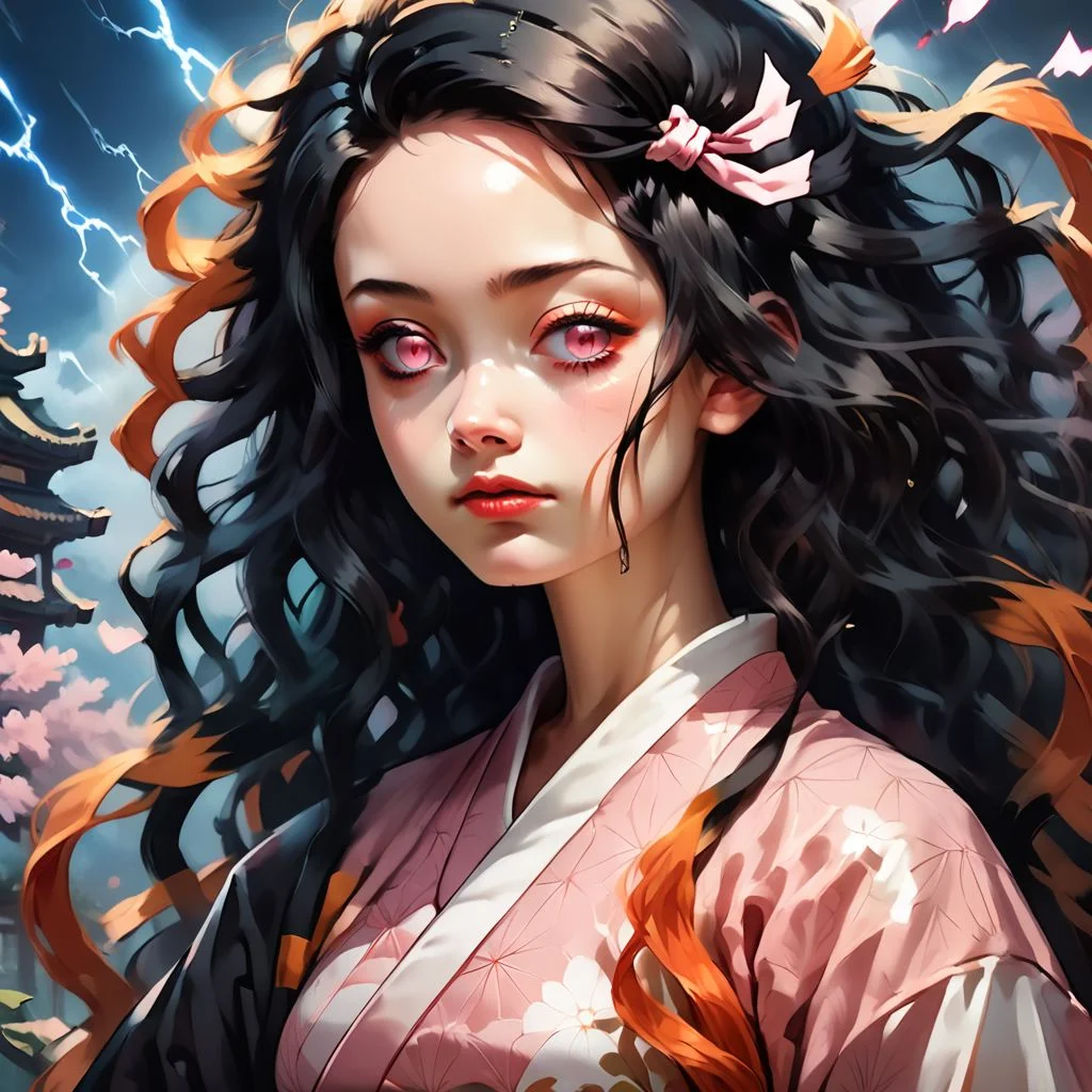 score_9, score_8_up, score_7_up, score_6_up, score_5_up, score_4_up, Masterpiece, detailed, beautiful, oil painting, 1girl, nezuko kamado, wavy hair, two-tone hair, black hair, hair ribbon, long hair, wavy hair, two-tone hair, multicolored hair, orange hair, forehead, pink eyes, slit pupils,
asa no ha \(pattern\), checkered sash, haori, japanese clothes, kimono, long sleeves, obi, pink kimono, sash, wariza, wide sleeves,
serene expression, serene ambiance, upper body, detailed, skin, texture, detailed skin texture, anime, volumetric, lightning, volumetric lightning, volumetric, shadow, volumetric shadow,