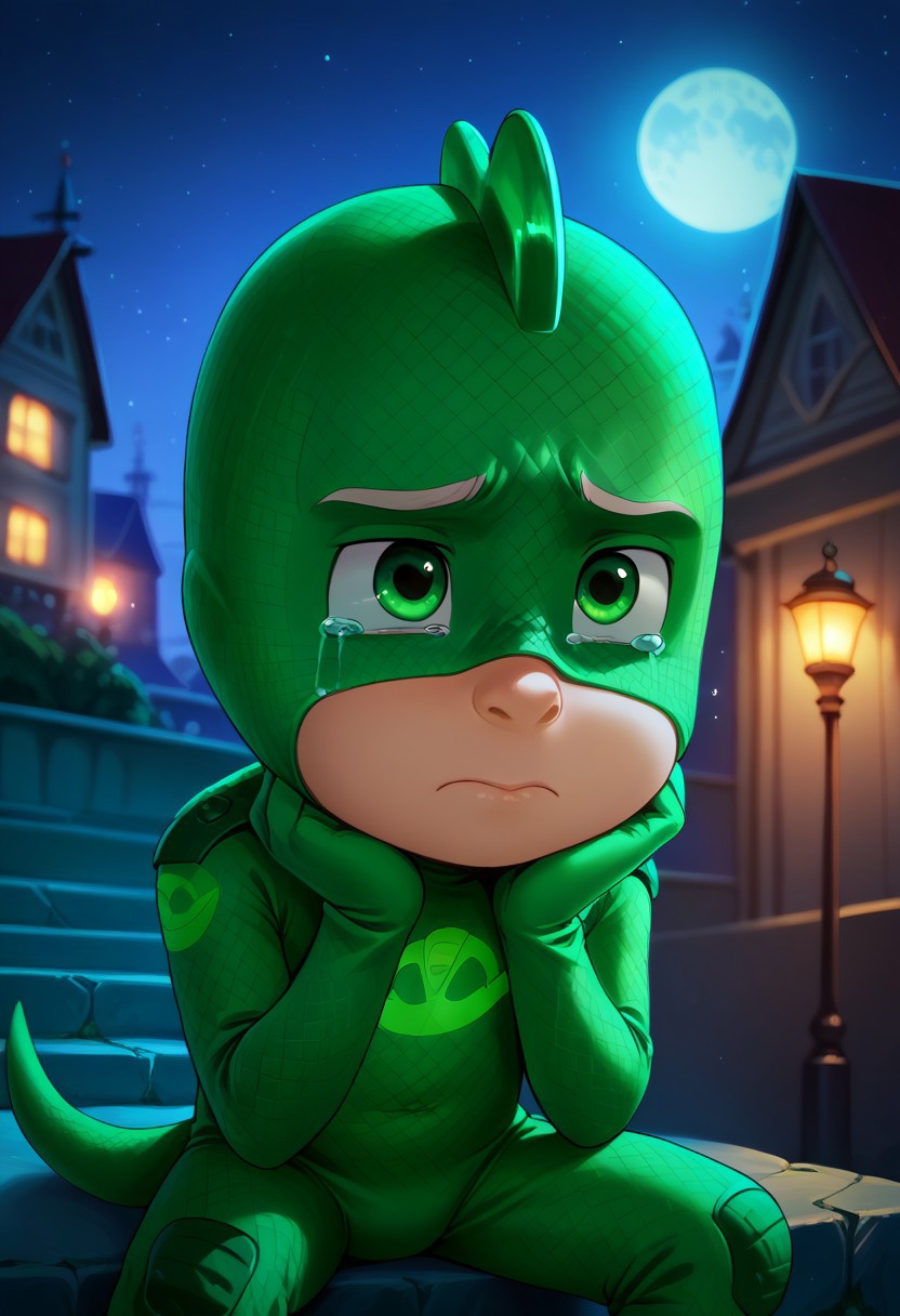 (score_9, score_8_up, score_7_up), highly detailed, cute boy, masterpiece, best quality, high quality, detailed, petite, flat chested, aged down, cute, kawaii, short, 1boy, solo, Gekko Costume, Green Bodysuit, Green Eyes, Mask, Tail, at night, strong, full moon, crying, sad, tears, sitting, hands under chin, dutch angle, perfect detail, perfect eyes, perfect face, perfect mouth, night time, moonlighting, indoors, city background, textured costume, bold lines, volumetric lighting, moon in background, ((blurred detailed background)), natural lighting, (ray tracing, good shadows), young