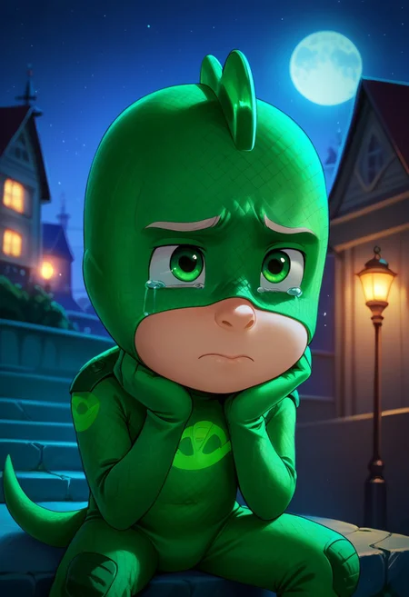 (score_9, score_8_up, score_7_up), highly detailed, cute boy, masterpiece, best quality, high quality, detailed, petite, flat chested, aged down, cute, kawaii, short, 1boy, solo, Gekko Costume, Green Bodysuit, Green Eyes, Mask, Tail, at night, strong, full moon, crying, sad, tears, sitting, hands under chin, dutch angle, perfect detail, perfect eyes, perfect face, perfect mouth, night time, moonlighting, indoors, city background, textured costume, bold lines, volumetric lighting, moon in background, ((blurred detailed background)), natural lighting, (ray tracing, good shadows), young