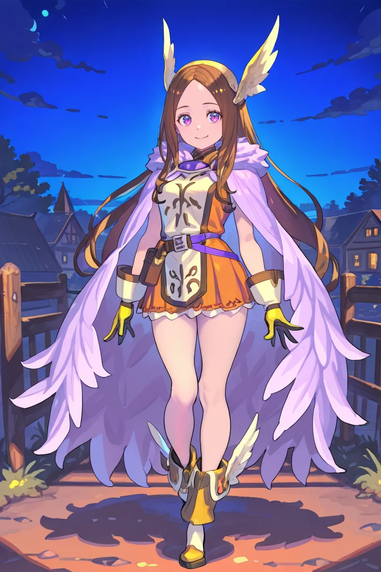 masterpiece, very aesthetic, absurdres, best quality, amazing quality, high resolution, newest, very awa, <lora:illustrious_quality_modifiers_masterpieces_v1:0.8> , <lora:ChamIllustriousBackgroundEnhancer:0.5>, (solo), <lora:ValkyrieYggdraIL:0.8> , by enkyo yuuichirou, valkdef, 1girl, purple eyes, brown hair, long hair, winged hairband, fur cloak, tunic, purple belt, yellow gloves, yellow boots, winged footwear, full body, exterior, valkyrie, night, battlefield, smile, looking at viewer,