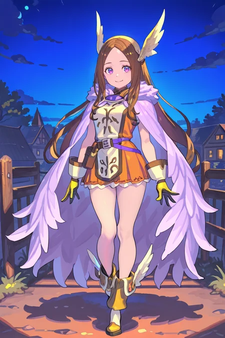 masterpiece, very aesthetic, absurdres, best quality, amazing quality, high resolution, newest, very awa, <lora:illustrious_quality_modifiers_masterpieces_v1:0.8> , <lora:ChamIllustriousBackgroundEnhancer:0.5>,  (solo),   <lora:ValkyrieYggdraIL:0.8> , by enkyo yuuichirou, valkdef, 1girl, purple eyes, brown hair, long hair, winged hairband, fur cloak, tunic, purple belt, yellow gloves, yellow boots, winged footwear, full body, exterior, valkyrie, night, battlefield, smile, looking at viewer,
