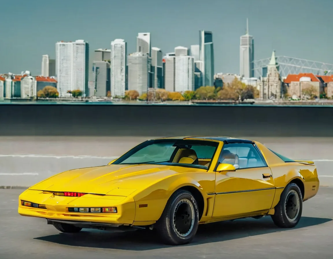 yellow car kitt1984 with a city in the background <lora:kitt1984XL:1>