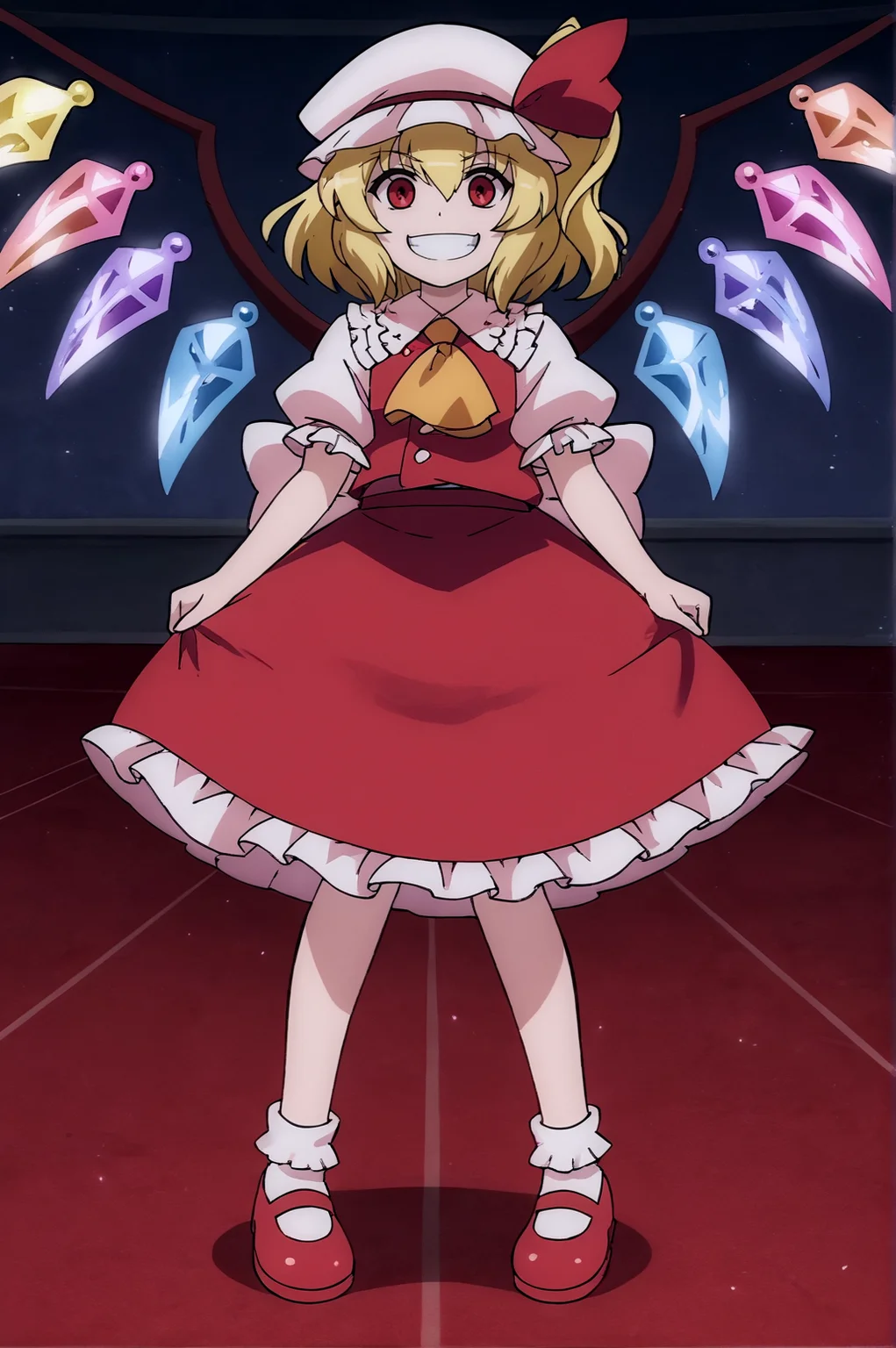 score_9, score_8_up, score_7_up,anime_source, source_anime, best background, detailed background, anime screencap, Flandre, ascot, grin, crystal, frilled skirt, frills, hat, hat ribbon, indoors, looking at viewer, puffy short sleeves, puffy sleeves, red ribbon, red skirt, red vest, ribbon, shirt, short sleeves, skirt, vest, white headwear, white shirt, wings, shoes, socks, fire ball, throw fire ball, yandere, <lora:JN_Flandre_Scarlet:0.8>