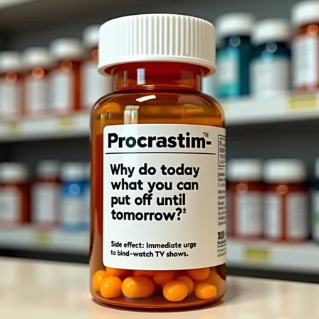 A pill bottle titled "Procrastinin-Forte™" Description underneath reads – "Why do today what you can put off until tomorrow?". In smaller font below: "Side effect: Immediate urge to binge-watch TV shows." clear text, on the pharmacy shelf, professional photo, realistic, detailed, other pill bottles in a blurred background