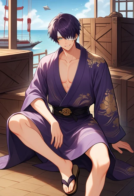 semi-realistic, highly detailed, very detailed, high detailed texture, score_9, score_8_up, score_7_up,source_anime, high res image,masterpiece,best quality,
takasugi_shinsuke, maleshort hair, dark purple hair, green eyes, bandages around forehead, bandages over left eye, collarbone, mean grin, smug, thin, athletic, short,
gold and purple yukata, black belt, showing lots of skin, sandals, sitting, crate, (sitting on a crate) bare legs, airship, wooden ship, edo period, japan,