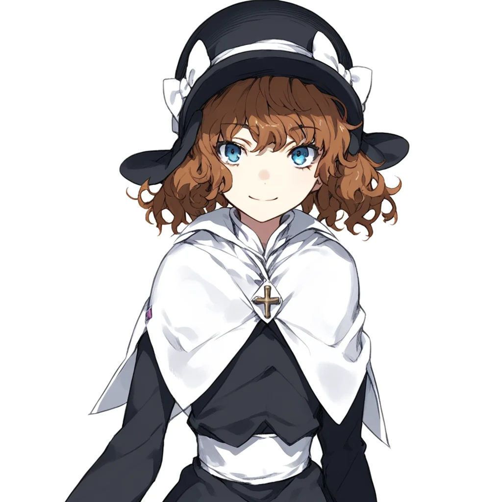 anime coloring, score_9, score_8_up, score_7_up, score_6_up, mallybath blackbell, toaru, 1girl, hat, solo, brown hair, blue eyes, smile, short hair, capelet, white background, simple background, bow, hat bow, looking at viewer, cross, androgynous, black headwear, long sleeves