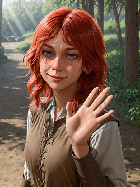 (masterpiece,best quality,newest,absurdres,highres), Y3nn4, 1girl, solo, blue eyes, red hair, freckles, smile, looking at viewer <lora:Yenna_IllustriousXL-000009:1>