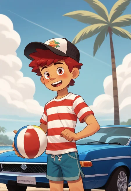 score_9, score_8, score_7, score_6, triplevexx, ball, 1boy, freckles, shorts, male focus, solo, motor vehicle, ground vehicle, outdoors, hat, red hair, tree, open mouth, striped shirt, day, shirt, red eyes, palm tree, cloud, beachball, striped, sky, car, beach, smile, looking at viewer, male child, blush,