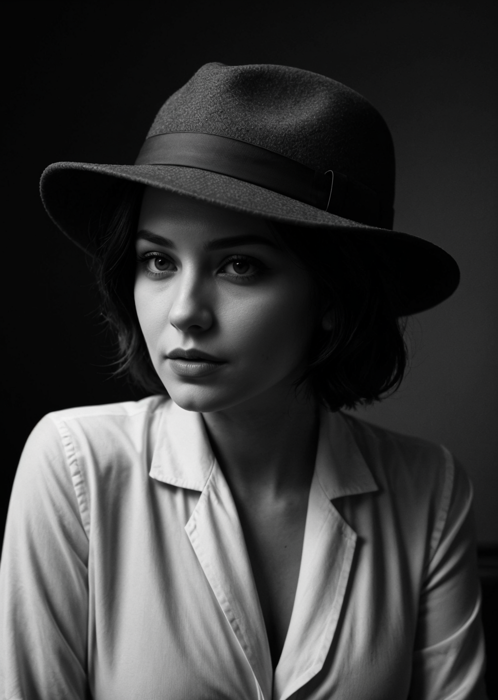 Film noir style, portrait of a woman, (short:0.3) wavy hair, detective, fedora hat, shirt, tie, indoor, bold lines, hyper detailed, mysterious, cinematic, looks at viewer, (closeup:0.8), (smoke:0.5), monochrome, studio lighting, high contrast, sharp focus on a subject, dark background, dramatic shadows <lora:pytorch_lora_weights:0.5>, <lora:picxer_bside:0.7>