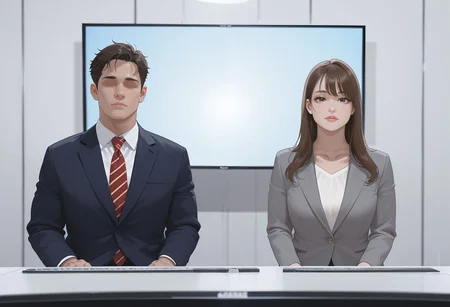 1girl, 1boy, salaryman, (faceless male:1.5), couple, 
newscaster, announcer, female announcer, 
upper body, sitting, looking at viewer, cowboy shot, screen, studio, 
<lora:newscaster_illustrious:0.7>
