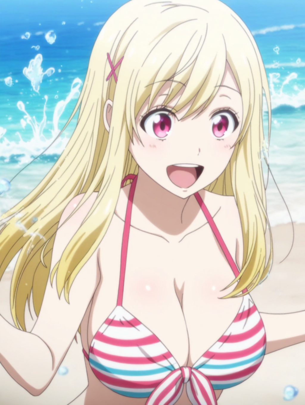 masterpiece, best quality, amazing quality, intricate detail, detailed, anime coloring, <lora:Urara_Shiraishi_LW:0.8> Urara_Shiraishi_LW, anime screenshot, 
blonde hair, long hair, pink eyes, x hair ornament, 1girl, solo,
outdoors, beach, ocean, bikini, striped bikini, swimsuit, large breasts, cleavage, splash, happy, water